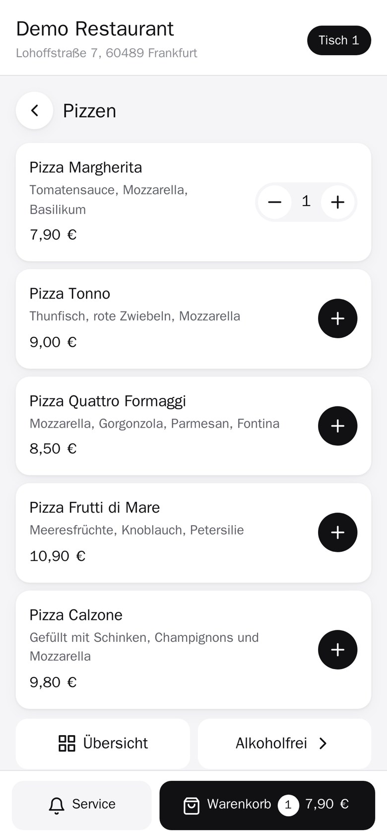 Echte Gäste-Ansicht von SmartCube: Pizzen mit Beschreibung, Mengenauswahl und Warenkorb