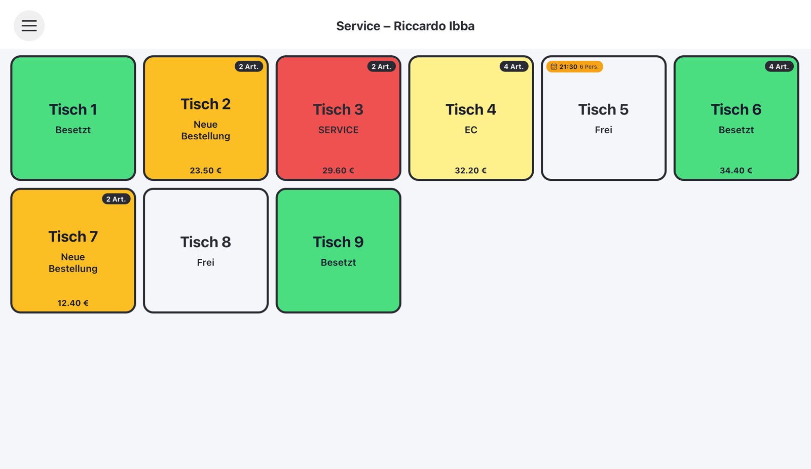Service-Ansicht der SmartCube-App: große Tischkacheln mit Status, Artikelanzahl und Betrag