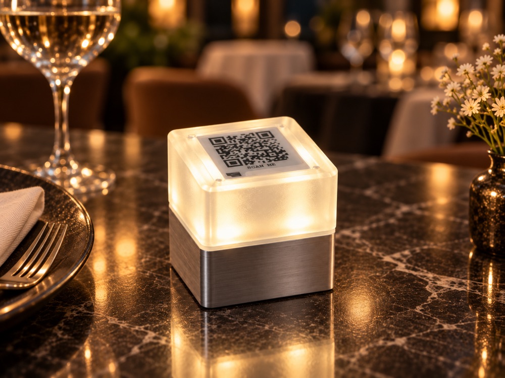 Nahaufnahme des SmartCube mit QR-Code auf dem Display und warm leuchtendem Milchglas