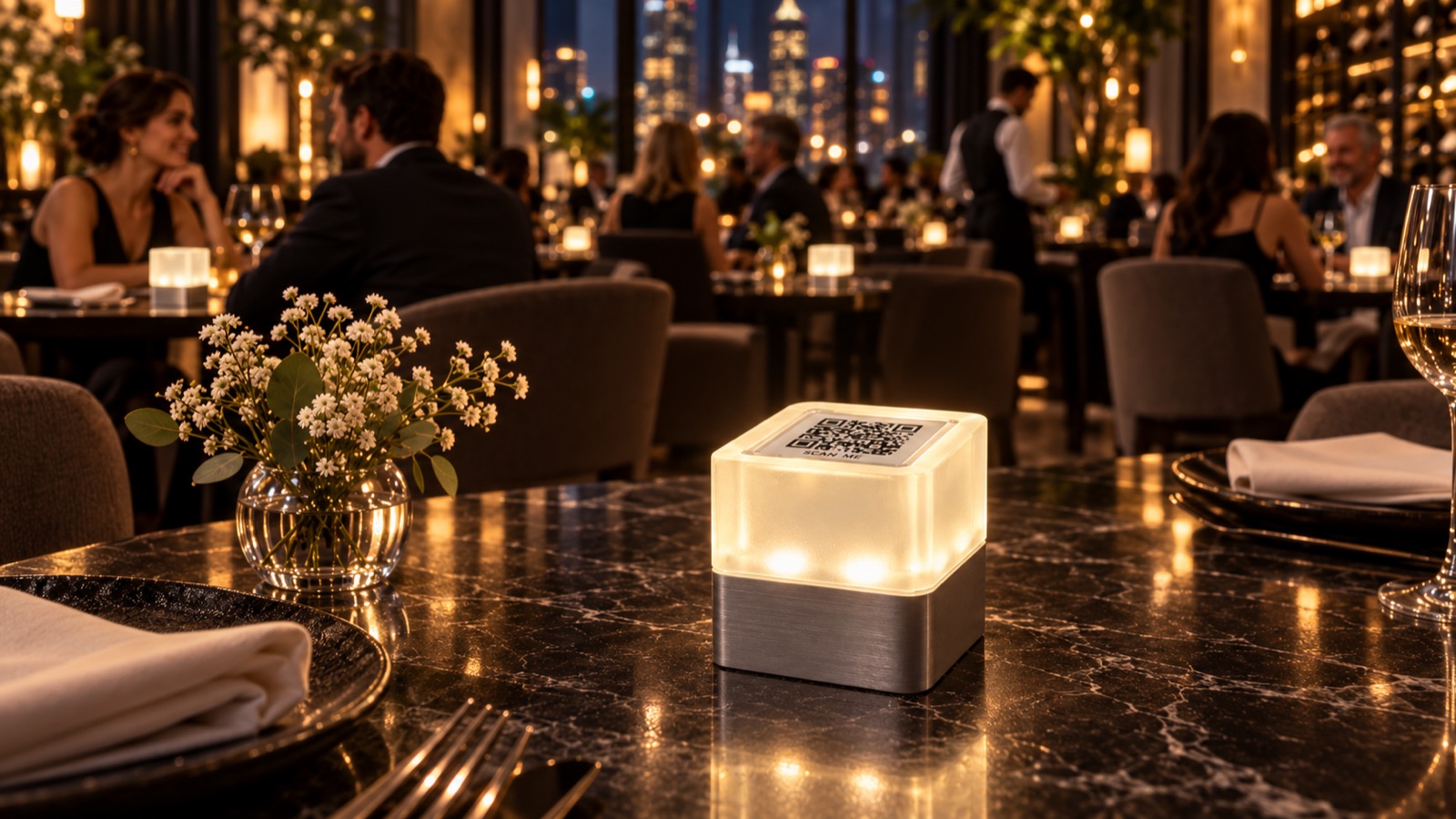 Leuchtende SmartCubes auf den Tischen eines Restaurants am Abend