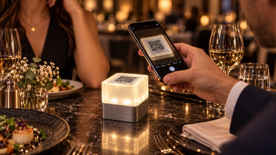 Ein Gast scannt den QR-Code des SmartCube mit dem Smartphone