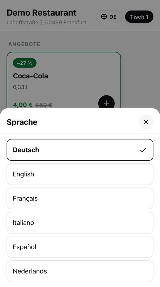 Auswahl der Sprache: Deutsch, English, Français, Italiano, Español, Nederlands