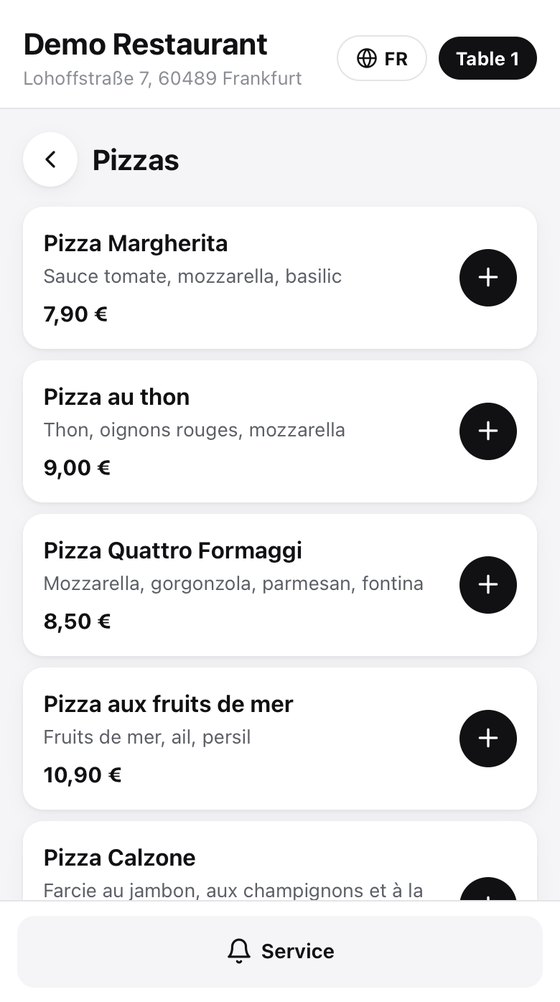 Dieselbe Speisekarte auf Französisch: Pizzas mit übersetzten Beschreibungen