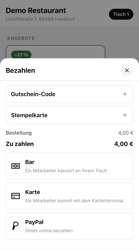 Bezahlen mit Bar, Karte oder PayPal, Gutschein-Code und Stempelkarte