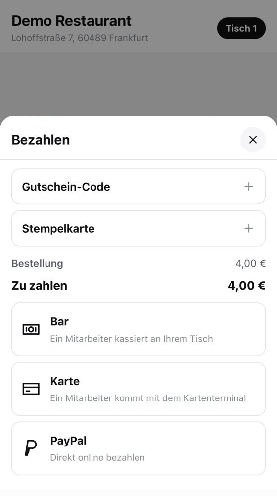 Bezahlen mit Bar, Karte oder PayPal, Gutschein-Code und Stempelkarte