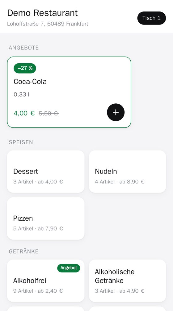Speisekarte mit Angeboten und Kategorien