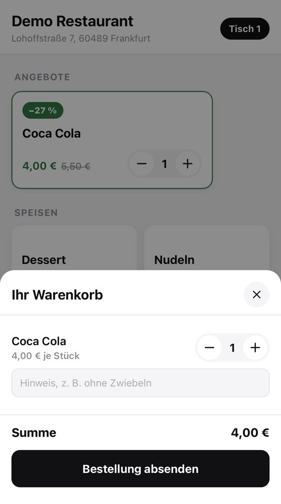 Warenkorb mit Hinweisfeld und Bestellung absenden